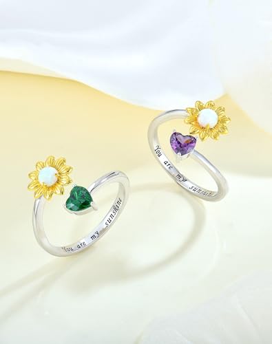 YL Butterfly Sunflower Celtic Pearl Ring for Women, Solid 925 Sterling Silver 18K White Gold Plated Birthstone You Are My Sunshine Open Heart Statement Jewelry4