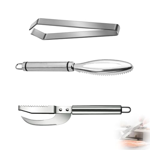 Espátula Profesional para Pescado de Acero Inoxidable 304 – Set de 3 Piezas, 3 en 1, con Pinzas para la Eliminación de Escamas y Espinas de Pescado, Ideal para la Cocina,removedor escamas pescado