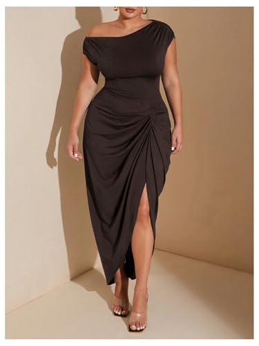 Image of Floerns Women's Plus Size Asymmetrical Neck Long Dress Ruched Slit Hem Cocktail Dress