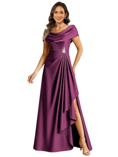 Satin Mother of The Bride Dresses for Women Long Cape Sleeve A Line Formal Dress for Wedding