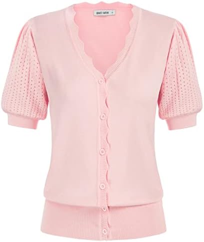 Women’s Short Puff Sleeve Cardigan Lightweight V Neck Knit Shrug Cardigan Button Up Cardigan Pink S