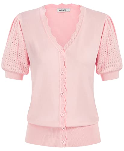 Women’s Short Puff Sleeve Cardigan Lightweight V Neck Knit Shrug Cardigan Button Up Cardigan Pink S #TOP21