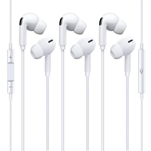 Lot de 3 écouteurs filaires pour iPhone, écouteurs intra-auriculaires avec microphone et contrôle du volume, isolation phonique, compatibles avec iPhone...