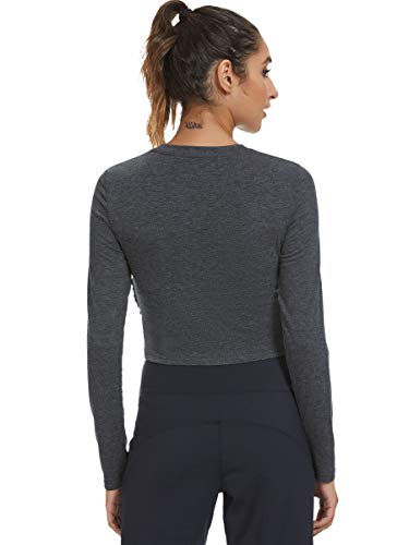 Missufe Women's Workout Long Sleeve Crop Top Cross Wrap Athletic Gym Running Tops for Women (Deep Grey, X-Small)