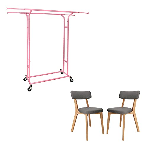 Fishat Heavy Duty Garment Rack & Ash Solid Wood Dining Chair Set Of 2 (Pink & Grey) #TOP4