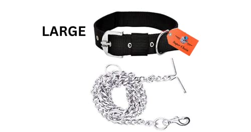 Image of Dog Belt Combo of Nylon Collar with Heavy Dog Chain 63 Inch Dog Collar Chain (Large, Black)