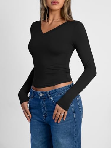 Image of Trendy Queen Womens Long Sleeve Shirts 2026 Fall Fashion Basics Crop Tops