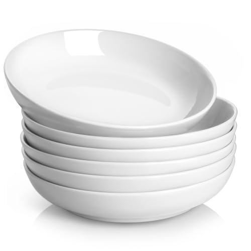 Y YHY Pasta Bowls Set of 6, High-Fired Porcelain White Salad Bowls 30 oz Wide Shallow Serving Soup Bowls, Microwave Dishwasher Safe 8.5" Pasta Plates Kitchen Bowls for Dinner Family Gatherings