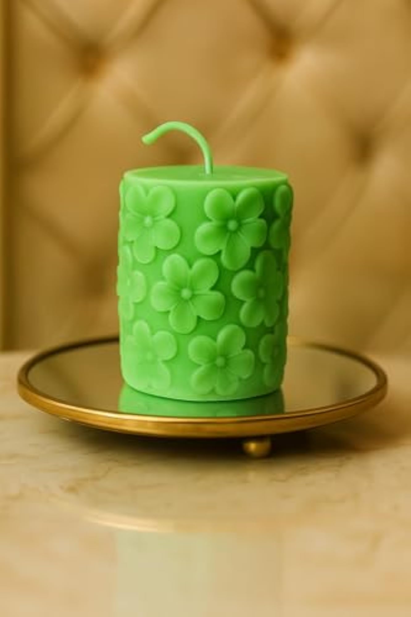Floral Embossed Scented Pillar Candle in Green