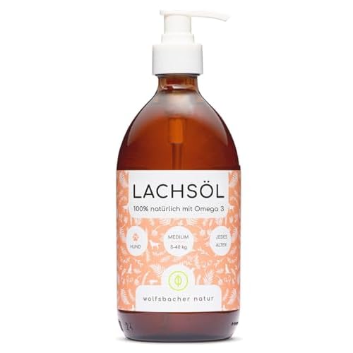 Wolfsbacher Lachsöl für Hunde in nachhaltiger Glasflasche mit kleckerfreiem Pumpdosierer [500ml], Kaltgepresst und hochdosiert mit Omega 3 und Omega 6