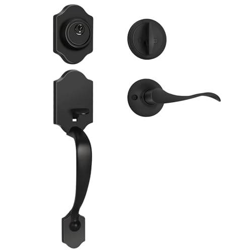 Image of Haidms Matte Black Front Door Handle and Deadbolt Set, Front Door Lock Set, Weather Resistant Entry Door Locksets with Deadbolt Single Cylinder, Exterior Door Handle with Reversible Handle Lever