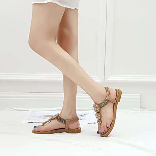 Huntarry Women Glitter Crystal Rhinestone Flat Sandals Casual T-Strap Vacation Dress Thong Sandals #TOP1