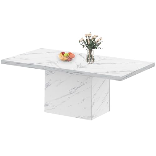 HSH White Faux Marble Dining Table, 160cm Modern Dinner Table for 6 People, Farmhouse Rectangle Kitchen Table for Living Room, Large Wood Dining Room Tables with Strong Pedestal, White Marble, 160cm - Image 8