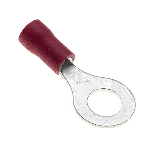 Ring Crimp Terminal Pack - 100 Red 6mm 25A 22-16 AWG Heat Shrink Connectors, Tinned Copper, Insulated Wire Terminals