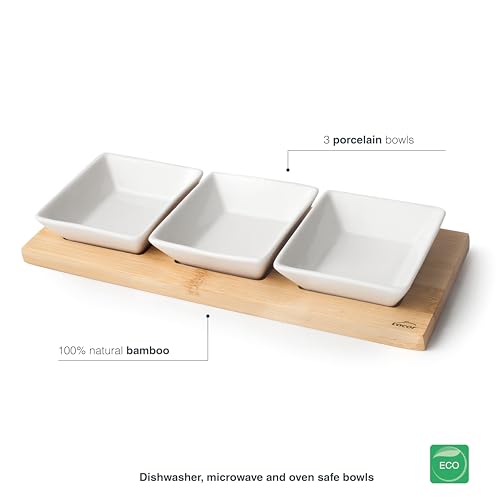 Lacor - 61240 - Bambustablett, Snackschale aus 100% Bambus und Porzellan, 3 Fächer, Leicht zu Reinigen, Spülmaschinenfest, Gut zum Servieren von Snacks, Fassungsvermögen jeder Schüssel: 100 ml