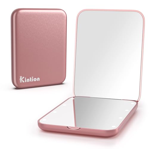 Kintion Pocket Mirror, 1X/3X Magnification LED Compact Mirror (Rose Gold)