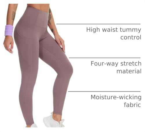 Image of THE GYM PEOPLE Thick High Waist Yoga Pants with Pockets, Tummy Control Workout Running Yoga Leggings for Women