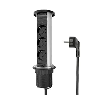Elbe Inno Multiprise Escamotable de Table 3prises, étanche à l'eau, avec sécurité Enfants, Prise encastrée avec câble de raccordement de 1,5m, Prise de Courant idéale pour Le Bureau, la Cuisine