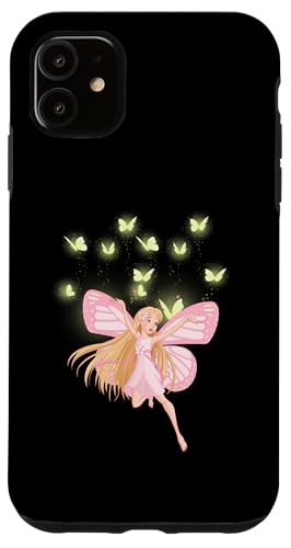 Fée rose volante et papillons jaunes Coque pour iPhone 11