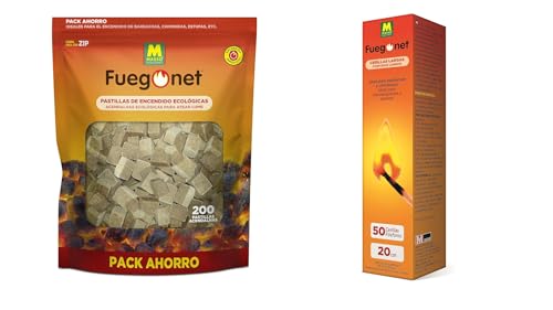 Pack Fuego: Pastillas de Encendido ecológicas 200 Unidades + Cerillas largas 50 Unidades. Ideal para chimeneas, barbacoas...Larga duracion. Sin Olor