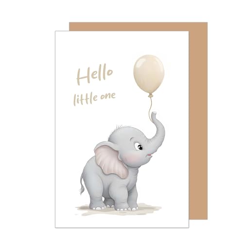 Edition Seidel Tarjeta de felicitación de nacimiento premium con sobre, tarjeta de felicitación para bebé, tarjeta de felicitación para bebé Billet Hello Little One Baby Boy Niña Niño Elefante (E287
