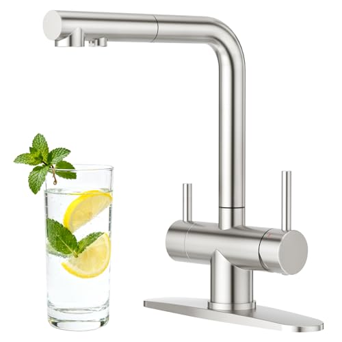 CREA 3 Way Kitchen Faucet with Pull Down Sprayer Built-in Drinking Water Faucet Spout for Bar Sink Purifier Water Filter,Single Hole Double Handles Brushed Nickel Stainless Steel