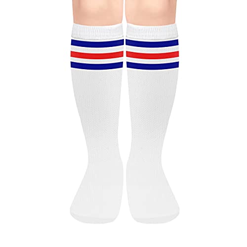 Kids Soccer Socks Toddler Knee High Socks Cotton Boys Soccer Socks Stripes Knee High Tube Socks Uniform Sports Socks for Boys Girls Cute Kids Stockings 1 Pair White Blue Red One Size