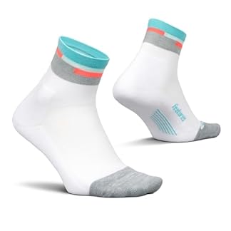 A pair of white Feetures Elite Light Cushion Quarter Socks with a teal and orange striped cuff, displayed on a white background. The socks feature ankle height, light cushioning, and a breathable design, ideal for running and athletic activities.
