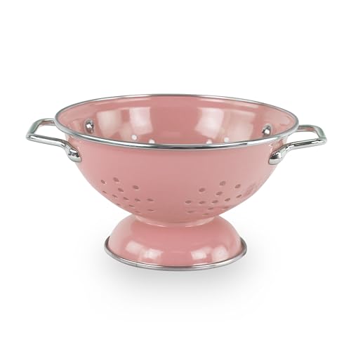Reston Lloyd, 1 Quart Powder Coated Steel Kitchen Strainer Basket for draining Pasta, Vegetable and Fruit, Chrome Handles and Wide Stable Base, Pink