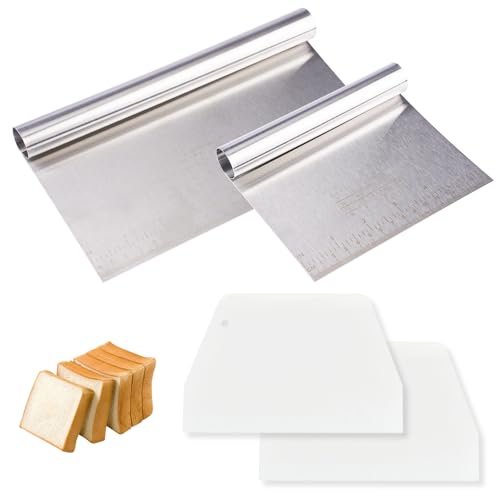 Rasqueta Cocina de Masa, 2 PCS Raspador de Masa de Acero Inoxidable y 2 PCS Rasqueta Cortadora de Plástico, 22 cm + 15 cm Dough Scraper con Escala de Medición, Raspador de Pizza para Verduras, Tartas