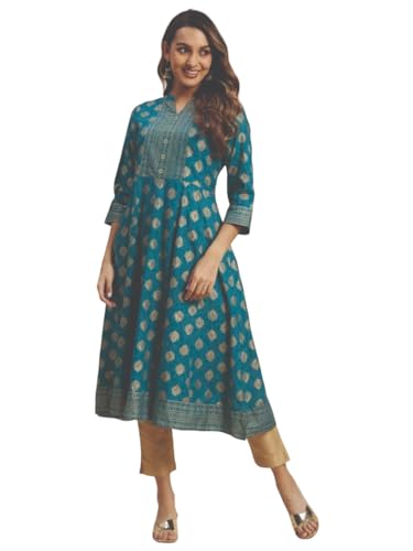 Image of rangita Teal Rayon Calf Length Printed Flared Kurti for Women | Kurta for Women
