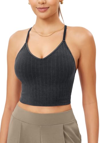 Image of ODODOS Seamless Padded Sports Bra for Women Strappy Longline Wirefree Brami Ribbed Crop Tank Tops