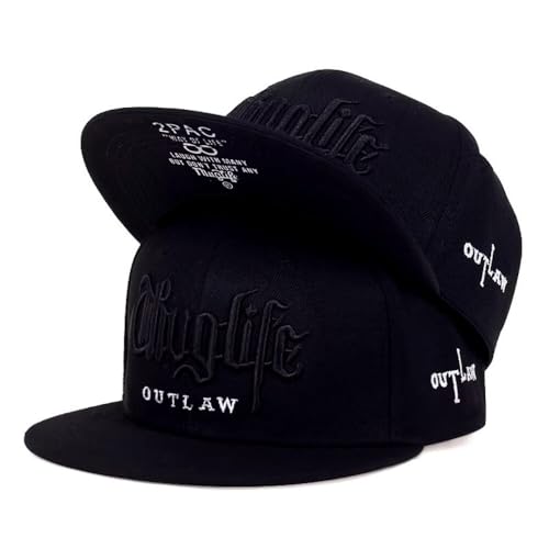 Image of Doniya Fitness Tupac Thug Life Outlaw Baseball Cap, Black/White, Flat Brim Snapback (UK, Alpha, One Size, All Black)