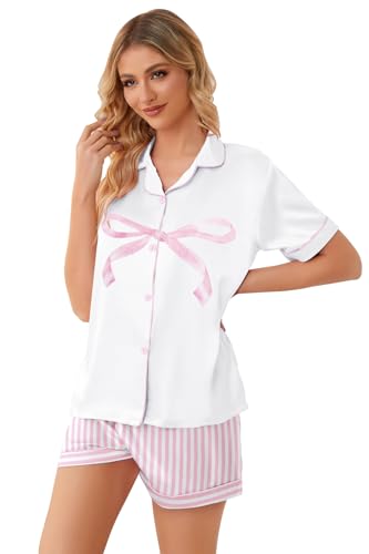 Image of Schbbbta Girls Womens Pajamas, Satin Silky Pjs Set Kids 2Pcs Button-Down Nightwear Sleepwear Gift for Mommy and me