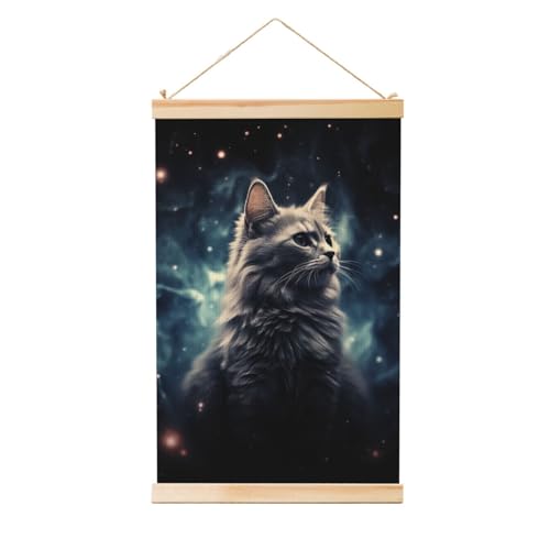 Poster chat nébuleuse en bois et toile vintage pour salon de 50x75 cm
