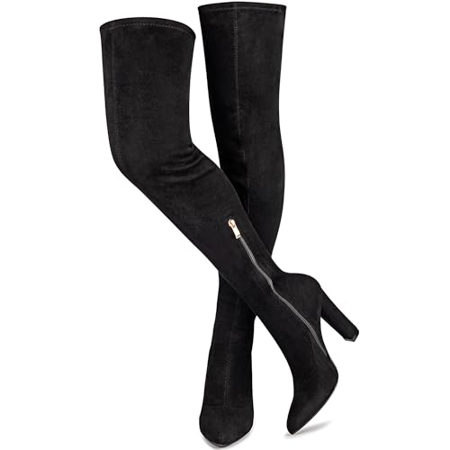 WSKEISP Women's Thigh High Boots Black Over The Knee High Boots 4.13IN Chunky Heel Stretch Tall Fall Winter Boot