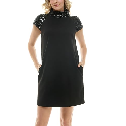 Amazon.com: Nicole Miller Women's Cap Sleeved Mock Neck Sequin Trim Little  Black Dress, Very Black, 4 : Clothing, Shoes & Jewelry