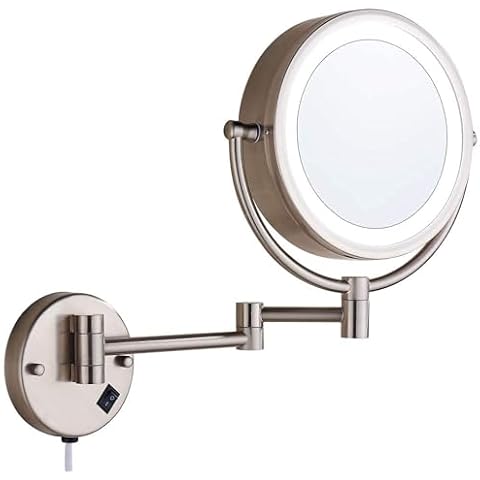 Cavoli Wall Mount Makeup Mirror 9 Inches with LED Lighted 10x Magnification,has 3 Colors Lights Modes,13" Extension Arm Magnifying Vanity Mirror Electric Plug Powered, Brushed Nickel Finish Cover