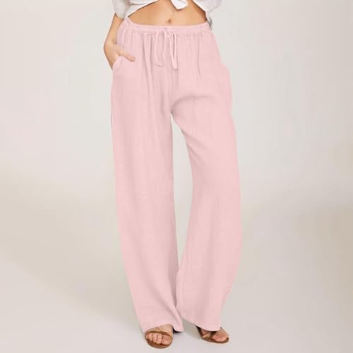 Women Linen Pants Summer Wide Leg Pants with Pockets Boho Beach Pants High Waist Drawstring Flowy Palazzo Pants2