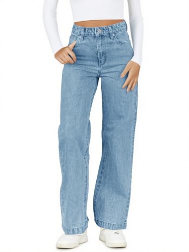 Haloumoning Girl’s Elastic Waist Jeans Straight Leg Demin Pants Casual Stretch Long Pants with Pockets 5-14 Years