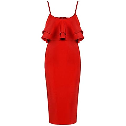 Maketina Women Spaghetti Straps Ruffle Midi Party Bodycon Bandage Dress Red L Cover