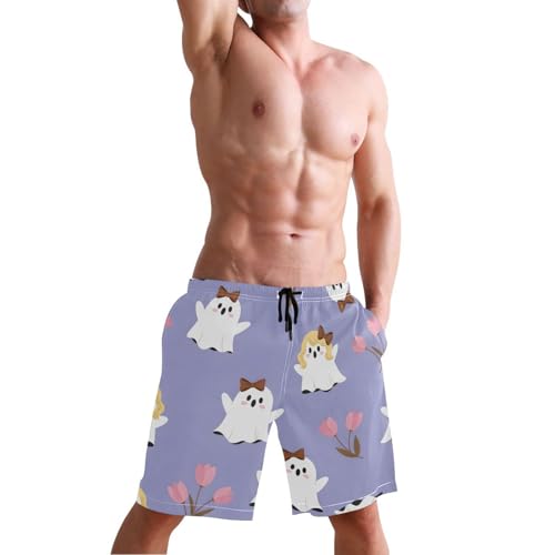 Men's Swim Trunks Quick Dry Swimming Shorts with Pocket Cute Ghosts with Flowers Pattern Swimsuit Trunks4