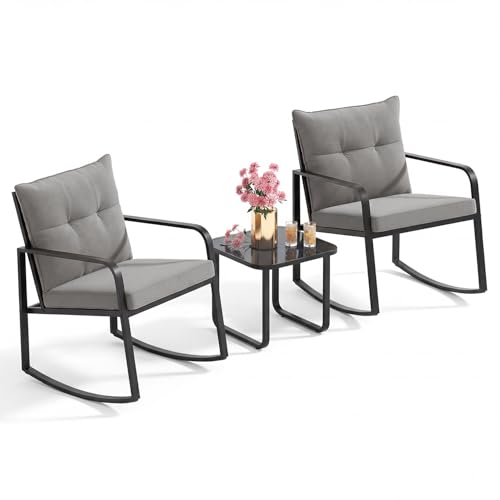 Gizoon 3 Piece Rocking Bistro Set, Black Steel Patio Furniture, Porch Chairs Conversation Set with Glass Coffee Table, Back Cushion, for Balcony, Gard