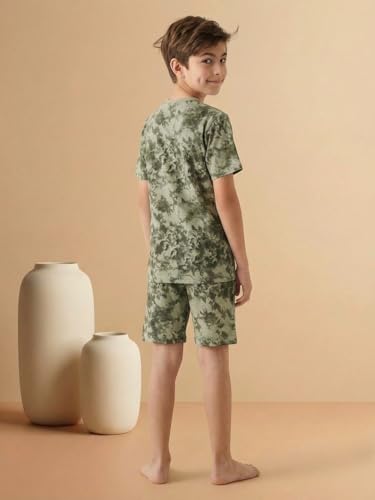 Image of Li'l Tomatoes Boys 100% Cotton Night Suit Set | Half Sleeve T-Shirt & Shorts | Color Block & Typography Print | Soft & Breathable Sleepwear | Casual Summer Wear | 9-16 Years