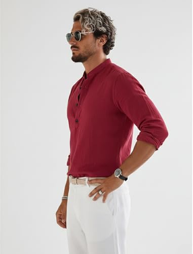 Image of Men's Cotton Blend Straight Kurta Shirt with Mandarin Collar - Slim Fit Casual Short Kurti Featuring Textured Slub Fabric and Roll-Up Full Sleeves