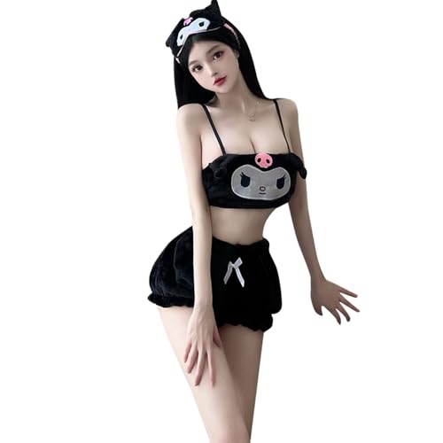 QNCLO Women's sexy cosplay flannel underwear Japanese anime kawaii cute plush bathrobe pajamas, Black, One Size