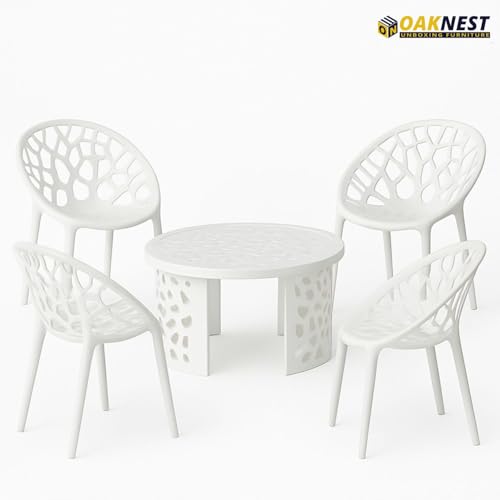 Image of Oaknest Neelkamal Crystal White Plastic Chair & Table Set | 4 Designer Chairs + 1 Center Table | Durable, Weather-Resistant, Indoor /Outdoor Use