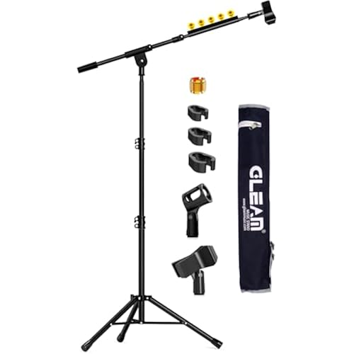 GLEAM Microphone Stand for Light Microphone less than 1 LB - Tripod Boom Arm Mic Stand with Carrying Bag, 2 Mic Clips and Screw Adapter Portable for Singing Performance Wedding Stage and Mic Mount