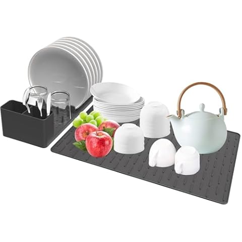 Silicone Dish Drying Mat with Rack for Kitchen Counter, DEAUNBR Dish Drying Pad Dish 19.7x13.8 inch Sink Drainer Tray Quick Dry Drain Pads, Easy to Clean Dish Rack Mat With Cutlery Holder - Black Cover
