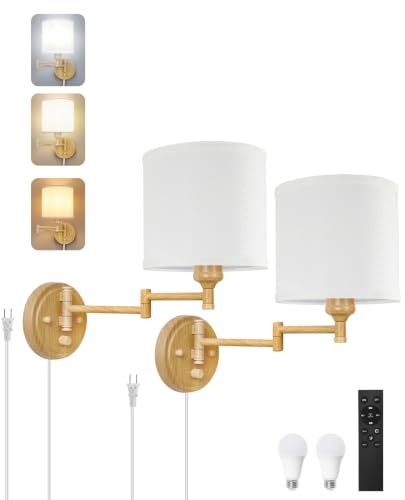 Image of GOODATE Plug in Wall Sconces with Remote Control, Dimming & Adjustable Colors 2700K-6500K, Hardwire or Plug-in, Swing Arm Wall Lamp, Wall Sconces Set of Two, White Fabric Shade, Oak Finish